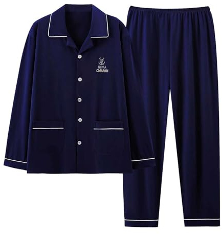 KBOPLEMQ Pigiama da uomo lungo in cotone, 2 pezzi, pigiama a maniche lunghe, da uomo con bottoni, comoda biancheria da notte da uomo con scollo a V, biancheria da notte comoda, O blu scuro, XXL