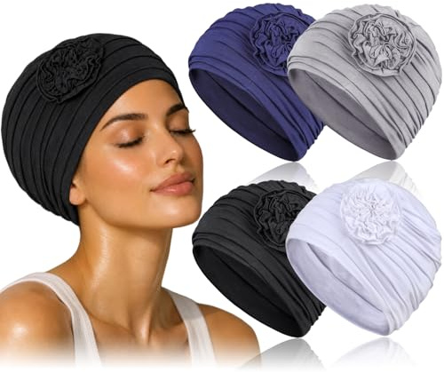 TSKNOMO 4 Stück Damen Chemo Kopfbedeckung – Weiche Atmungsaktive Krebs Kopfbedeckung, Elastische Chemo Mützen für Frauen bei Haarausfall