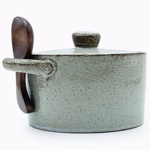 YILUSHENGHUA 12 oz Ceramic Salt Cellar with Lid & Wooden Spoon,Countertop Salt Container,Sugar Bowl,Spices Jar| Artisan Kitchen Decor(Coarse Pottery)