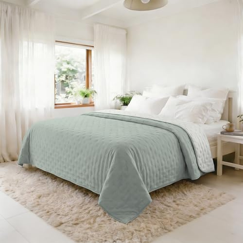 Couvre-lit matelassé d’été Water Washed, Couvre-lit en Microfibre, matelassé et rembourré 100 g, Couverture lit Double 250x250 cm - Milky Green/Bianco