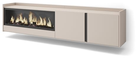 Skraut Home | Mueble TV | Muebles de salón, almacenaje | 212x50x35 cm | para televisión hasta 80 | Chimenea eléctrica XXL | Colgado, Suspendido | Estilo Moderno | Beige
