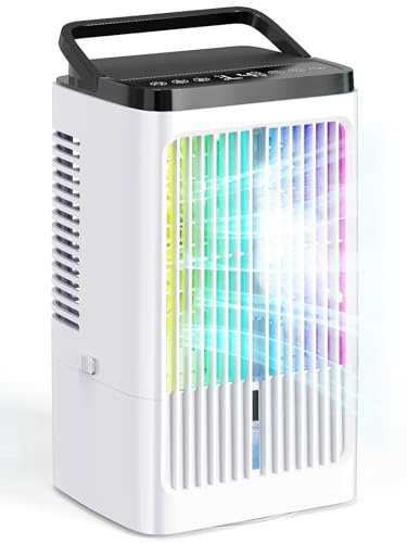 Aire Acondicionado Portátil 4 en 1, Mini Aire Acondicionado, USB Ventilador con Velocidades, Nebulización, 7 Colores LED, Temporizador, Enfriador de Aire para Camping (1220ML)