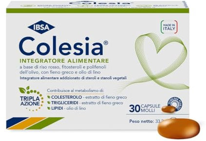 Ibsa Colesia Softgel 30 Capsule molli | Integratore alimentare a base di fitosteroli, riso rosso e polifenoli dell’olivo con Fieno greco e Olio di lino, che contribuisce al metabolismo del colesterolo