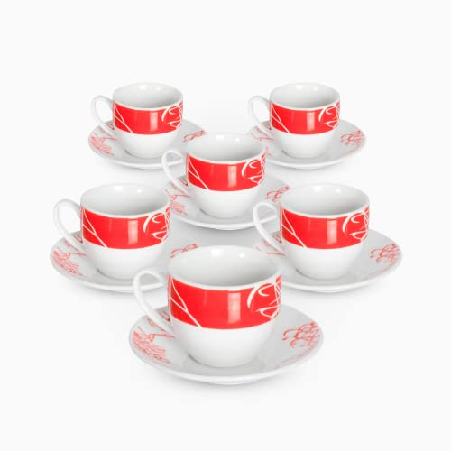 Albalù Set Tazzine da Caffè con Piattino in Porcellana Colorate Rosse Servizio Completo da 12 Pezzi di cui 6 Tazzine e 6 Piattini Lavabili in Lavastoviglie