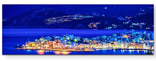 Paul Sinus Art Leinwandbilder | Bilder Leinwand 150x50cm Agios Nikolaos bei Nacht - Kreta, Griechenland