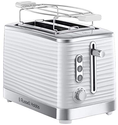 Russell Hobbs Tostapane Bianco - 2 Fette - Struttura lucida Color Bianco; Fessure per toast extra larghe; 6 livelli di doratura; Funzione di Scongelamento e Riscaldamento; 1050W Inspire 24370-56