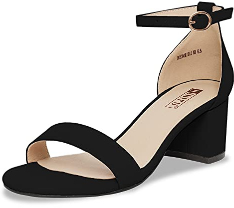 IDIFU Women's Cookie-LO Low Block Heels Chunky Sandals Ankle Strap Wedding Dress Pump Shoes(Black Nubuck, 8)