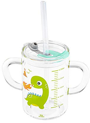 XINCHIA Taza de vidrio para leche de 250 ml, taza medidora de dibujos animados con popote de silicona y tapa a prueba de fugas, vasos resistentes al calor, vaso de paja de doble asa con valor de