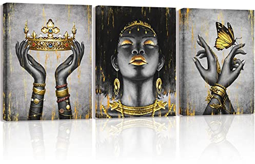 Welmeco African American Cavnas Wall Art Elegant Black Woman with Gold Necklace Crown Butterfly Painting Fashion Charming Woman Poster Picture Framed and Stretched for Girl Gift Bedroom Living Room