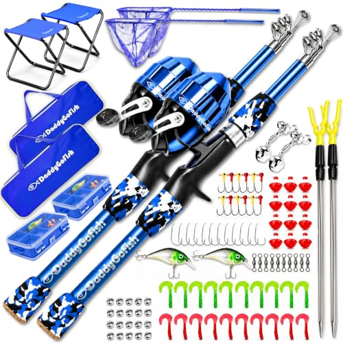 DaddyGoFish Kids Fishing Pole – Telescopic Rod & Reel Combo with Collapsible Chair, Rod Holder, Tackle Box, Bait Net and Carry Bag for Boys and Girls - 2 Pack, Blue + Blue, 5ft