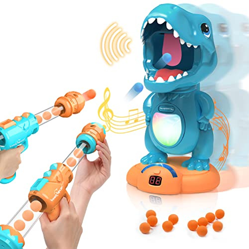 EagleStone Bewegliches Dinosaurier-Schießspielzeug für Kinder, Zielspiel mit 2 Luftpumpenpistolen, Partyspiel mit LED, Ton & Anzeige, Lernspielzeug zur Zielübung, Geschenkidee für Jungen und Mädchen