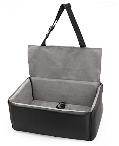 Hunde Autositz mit Sitzbezug | Autositz für Mittlere und Große Hunde | Rückbank, Beifahrersitz | Hundebett, Hundetasche | Kunstleder, Wildlederimitat | Farbe: Schwarz/Grau | Große: L (74x54 cm)