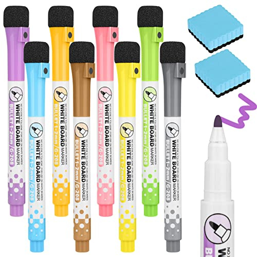 GOTRUST Dry Erase Markers Magnetic, Whiteboard Marker, Markers Glass Pens | 8 Color Washable Marker Liquid Chalk Pens Fine Tip Chalk Pen with 2 Eraser for White board Memo Boards