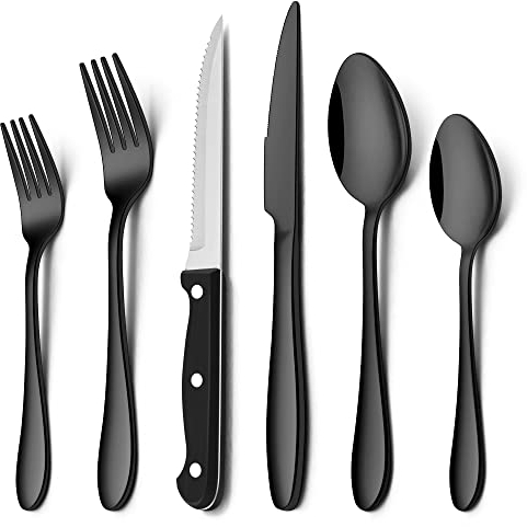 Herogo 36-teiliges Besteck Set mit Steakmessern, Edelstahl Besteck Set für 6 Personen, Essbesteck mit Gabel Messer Löffel, Elegantes Tafelbesteck für Home/Restaurant (Schwarz)