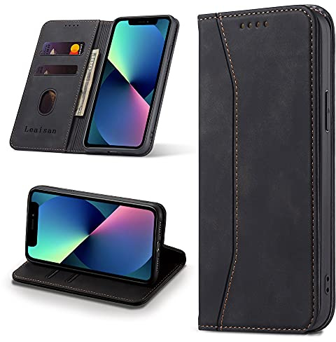 Leaisan Handyhülle für iPhone 13 Hülle Premium Leder Flip Klappbare Stoßfeste Magnetische [Standfunktion] [Kartenfächern] Schutzhülle für iPhone 13 Tasche - Schwarz