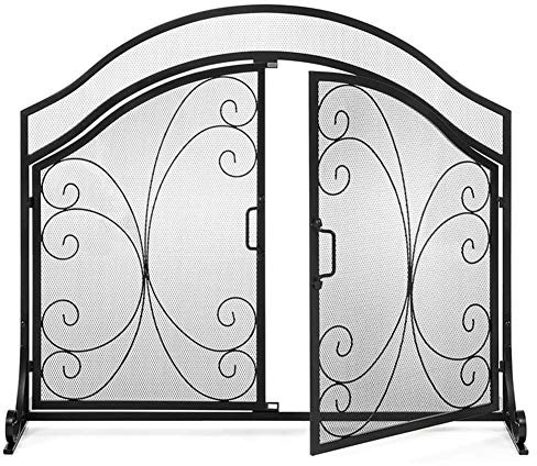 FLBT Grille de Pare-étincelles de Cheminée en Fer forgé à Panneau Unique avec 2 Portes Ouvertes, Conception de défilement de décor, Noir, 100 cm de Large Needed