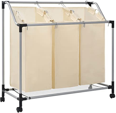 WIFESE Wäschekorb mit 3 Taschen Creme Stahl 96x40x73 cm Wäschetonne Wäschesammler Laundry Baskets Wäschekorb mit Rollen Wäschekorb Badezimmer Wäschebehälter für Schmutzwäsche Leicht Zu Bewegen