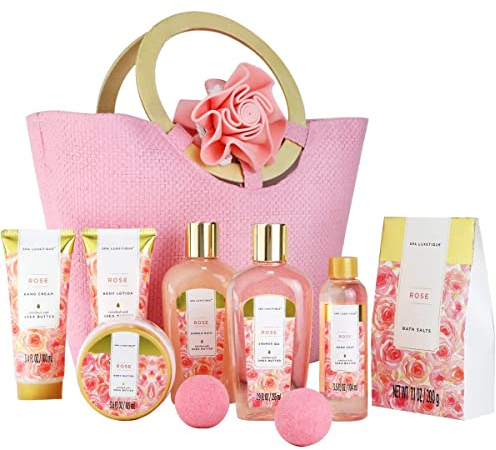 SPA LUXETIQUE Damen Bade Geschenkset - 10tlg Rosenduft Geschenke für Frauen mit Handtasche, Geburtstagsgeschenke Damen, Wellness set, Muttertagsgeschenk, Weihnachtsgeschenke für Frauen