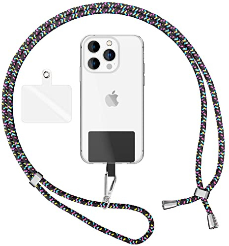 NALIA Bunte Universal-Kette mit Pad, Band für Handy-Hülle zum Umhängen, Karabinerhaken Anhänger Metall, Schlüsselband Umhängeband 160 cm, Crossbody Lanyard mit Schlaufe, Farbe:Schwarz Bunt
