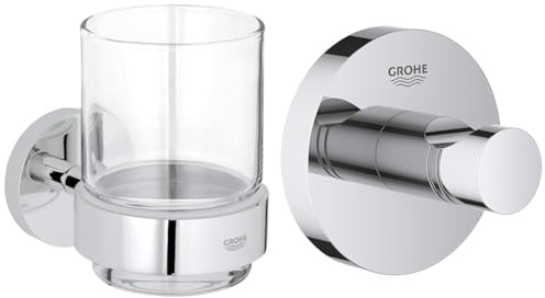 GROHE Essentials - Glas mit Halter, Chrom, 40447001 & Essentials - Bademantelhaken (robuster Haken, langlebige und Pflegeleichte Chromoberfläche, einfache Montage), Chrom, 40364001