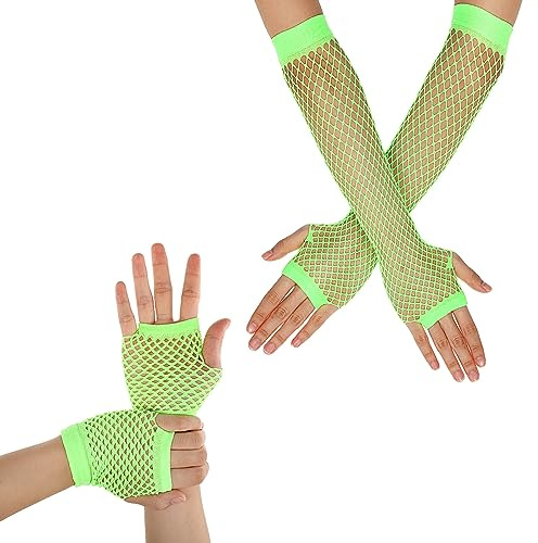 Yolev 2 Pairs Long Fingerless Fishnet Gloves - Short Fishnet Mesh Gloves - 80s 90s Party Costume Accessories for Women and Girls (Fluorescent Green)