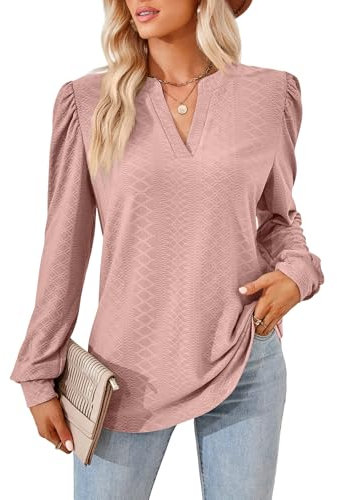 Maglietta a Manica Lunga da Donna, Blusa con Scollo a V, Elegante Camicette, Manica Corta Top Casual, Moda T-Shirt da Donna, Maglietta Tinta Unita, Sciolto Top T Shirt Blusa, Taglie: S–XXL