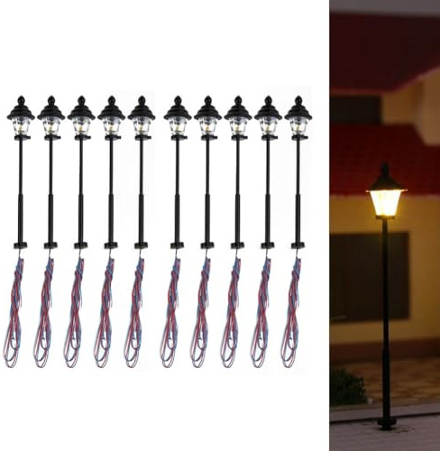 Modelleisenbahn LED Laternenpfahl, 10 Stück 1:160 3V Park Laternen Lampen, N Maßstab 1:160 Modellbahn Laternenpfähle, warmweiße LED, Beleuchtung für Modelleisenbahn und Dioramen Bonsai Dekor (4.7cm)