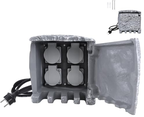 UISEBRT Gartensteckdose Steinoptik mit 4 Schutzkontakt-Steckdosen Mehrfachsteckdose Erdspieß, Steckdosenleiste Kabel 1,5m, Außensteckdose IP44 Garten-Steckdose Aussen 19x18.5x18.5cm Grau