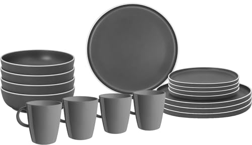 BRUNNER Melamin Geschirr Set Lunch Box Dolomit Stone Touch Camping Teller 16tlg Grau