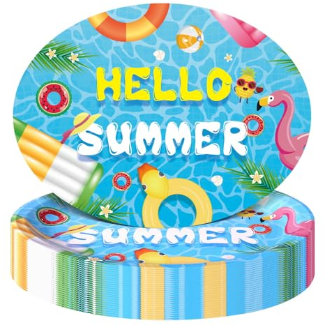 KEPATO 25 Pack Summer Paper Plates,12 Inch Large Disposable Paper Plates, Heavy Duty Oval Pool Party, Beach, Luau Tableware Summer Party Decorations