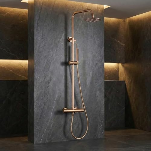 IMEX - Colonne Douche Salle de Bain | Colonne de Douche Laiton avec Mitigeur Or Rosse| Colonne de Douche avec Robinet Reglable | Barre en Acier Inoxydable S.304 Extensible | Série Monza
