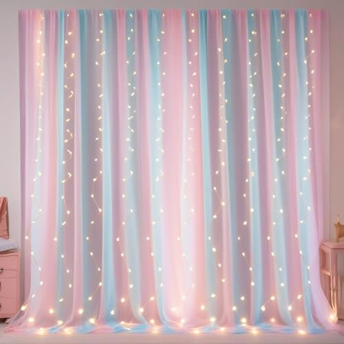 Eimilaly Rainbow Sheer Curtains with lIghts for Bedroom/Theme Party/Wedding/Photographic Background, Rod Pocket Sheer Curtains 84 inches Long Sheer Canopy for Girls Room Decor, 2 Panels