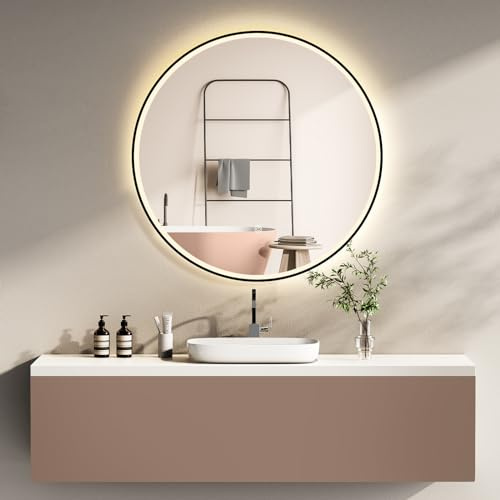 HOKO LED-Badspiegel rund 60 cm, schwarzer Rahmen & Touch-Schalter, Helsinki | Wandspiegel mit Memory-Funktion und stufenlosem Farbwechsel 2700–6500 K für Bad, Gäste-WC, Schminktisch und Ankleide