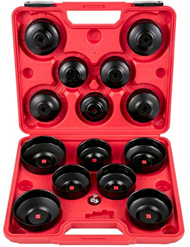 VEVOR Jeu de Douilles à Filtre à Huile 14PCs, Jeu de Clés à Filtre à Huile en Acier Tête 9,5 mm,​ Cloches de Filtre d'Huile avec Mallette, pour Retirer Installer Bouchon du Filtre à Carburant