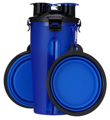 Hsthe Sea Marine Borraccia per Cani-Bottiglia d'Acqua e Cibo per Cani Portatile 2 in 1 con 2 Ciotole Pop-Up Pieghevoli,Borraccia a Tenuta Stagna con 2 Scomparti per Viaggi,Campeggio,Escursionismo
