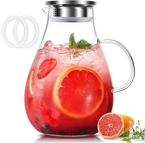 LUNA & MANTHA Jarra de vidrio, jarra de agua de vidrio de 86 onzas con tapa, jarra grande para agua caliente/fría, jarra de bebidas de borosilicato para té helado, sangría y café, jarra de bebidas con