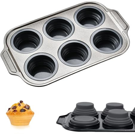 Muffinform Blech, Silikon Muffinform, antihaftbeschichtet mit stabilem Metallrahmen, Muffin Backblech, für ein leichtes Herausnehmen der Muffins, spülmaschinenfest, für 6 Muffins (Grau, 31 x 18 cm)