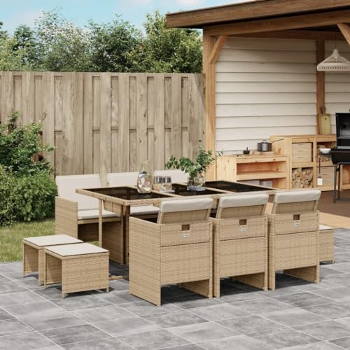 Somanki 11-TLG. Garten-Essgruppe mit Kissen Beige Poly Rattan, Esstisch Mit Stühlen Set, Gartenmöbel Sitzgruppe, Balkon Möbel, Gartenlounge Set, Terrassenmöbel, Balkonmöbel Set - 3277737
