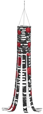 YQTGBCED Windsäcke mit schwarz-weißen Streifen, roten Rosen und Blumen, Herbst- bis Winter-Windsäcke, hängende Dekoration für Thanksgiving, Polyester-Windsack