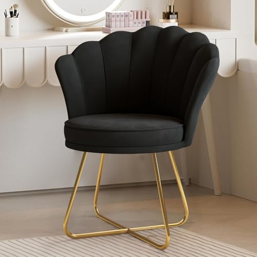 Hawthyhome Schminktisch-Stuhl aus Samt, goldenes Metallgestell, Schwarz | Blütenblatt-Rückenlehne; gepolsterte Sitzfläche; goldfarbenes Metallgestell; Polsterstuhl für Schminktisch & Schlafzimmer