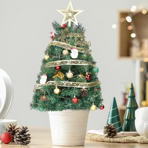 LEADZM Kleiner Weihnachtsbaum mit Beleuchtung, Tisch Weihnachtsbaum klein künstlich geschmückt für Weihnachten Deko, Grün mit Dekoration, 60 cm