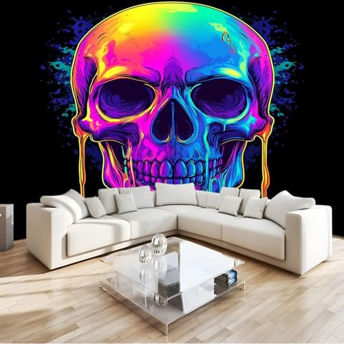 Fotomurales 300 x 210 cm Tejido No Tejido Papel Tapiz Fotográfico Decorativos Calaveras de colores neón psicodélicos madera Moderna Decoración De Pared Sala CuartoColor