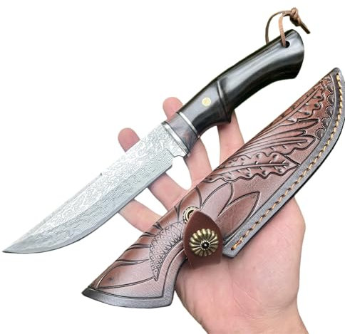 Obespina Couteau Artisanal Damas Camping Lame Fixe Acier Manche Bois d'Ébène Insert Stabilisé Collection Custom Cadeau Homme Suminagashi VG10 EDC Randonnée Extérieur Bushcraft Étui Forgé