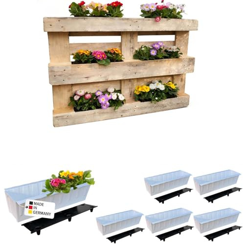 6 Paletten Blumenkasten Einsätze 37,3 cm Weiß Mit Bewässerungsmatte Set | BURI, Europalette, UV-beständiger Kunststoff, Made in Germany, wetterfest, langlebig, Balkonkasten, Pflanzzubehör, 6 Stück