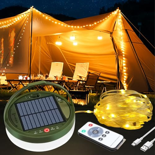 Trywise Camping Lichterkette 20M Solar Aufrollbar Outdoor Lichterkette mit Fernbedienung 8 Beleuchtungsmodi Akku Energieklasse A