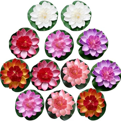 MHYGKTXRA 12 Pcs Artificial Floating Foam Lotus Flower with Water Lily Pad, Lifelike Ornaments Home Garden Pond Decor Indian Decorations Return Gifts