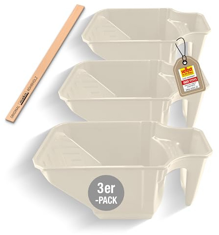 Mako Profi Farbwanne easyCUP 3er-Set cremeweiß für Kleinflächenroller | Ergonomischer Haltegriff, extra hohe Seitenwände, 13cm Abrollfläche, Farbrührholz inklusive
