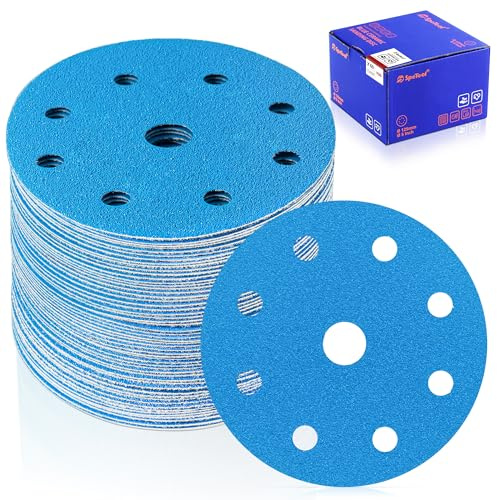 SpeTool 60 pezzi di carta vetrata da 125 mm, dischi abrasivi in velcro, rotondi, 9 fori, grana 80, per levigatrice orbitale rotonda, adatti per legno, metallo e vernice