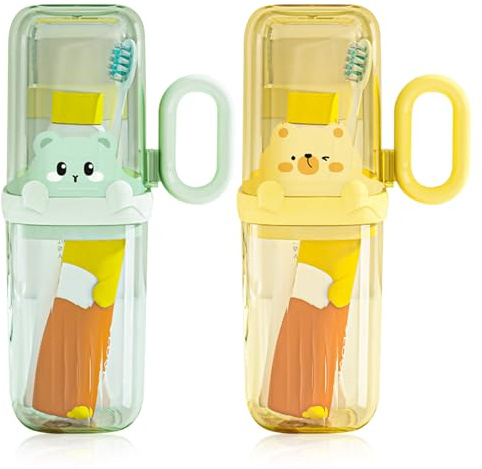SacJkt Zahnputzbecher Kinder, 2 Stück Zahnbürsten Etui Set mit abnehmbarem Griff, Zahnbürstenhalter für Geschäftsreise, Schulcamping, Reisen oder den täglichen Gebrauch（Gelb + Grün）