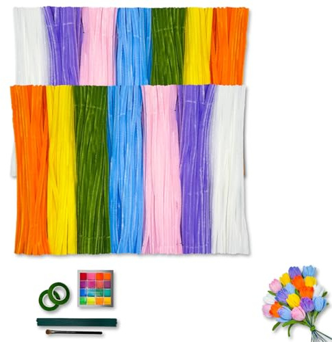 Pfeifenreiniger zum Basteln Set,500 Stück in 7 Farben Pfeifenputzer zum basteln,Pfeifenreiniger blumen Mit Blumenstöcke,Klebebandrollen,Anleitungen,Lidschatten